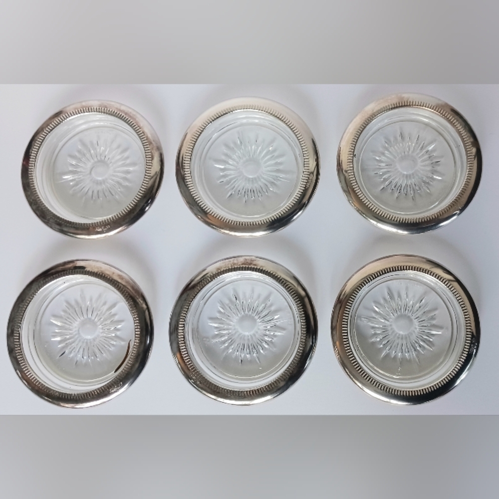 6 Leonard ITALY Lead Crystal Sunburst Glass Silver Plated Band Coasters Vintage